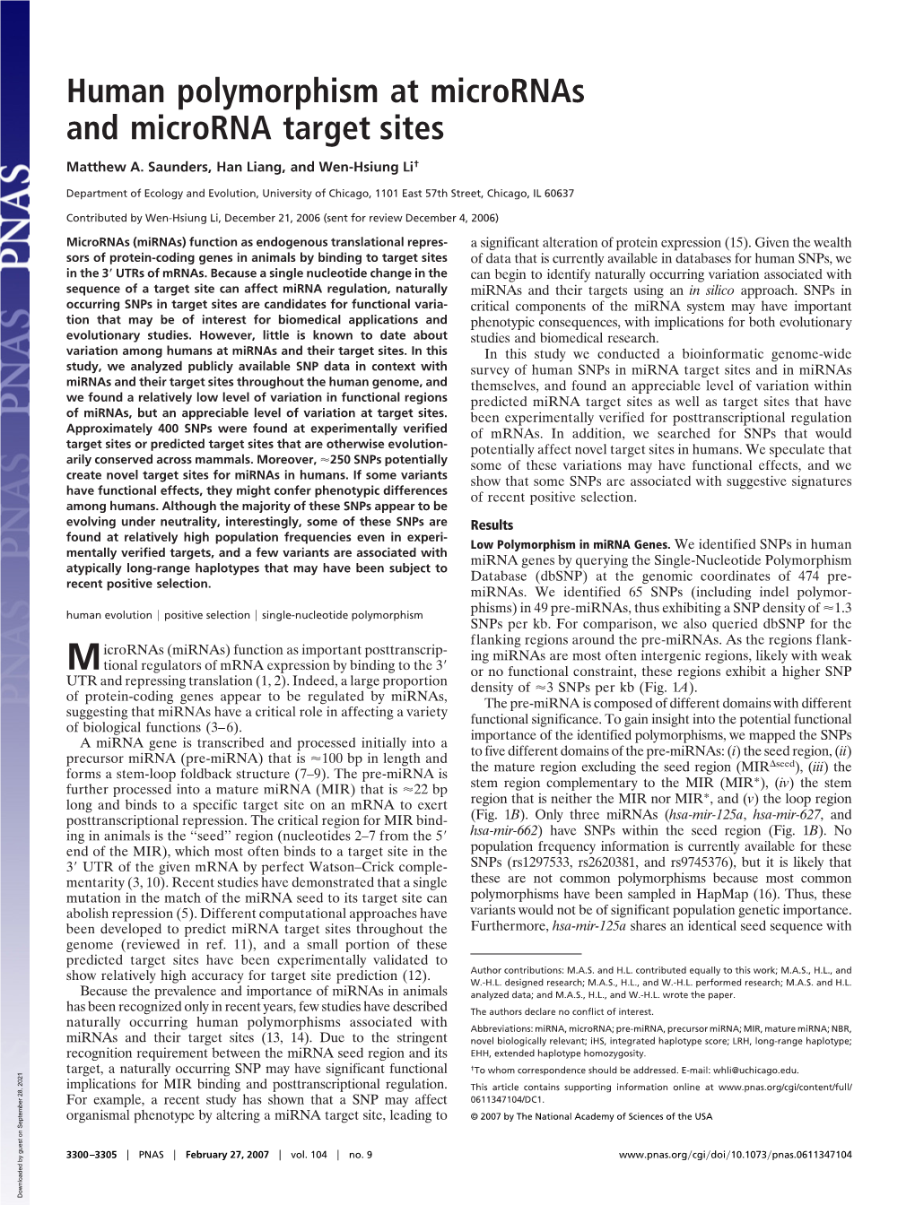 Human Polymorphism at Micrornas and Microrna Target Sites