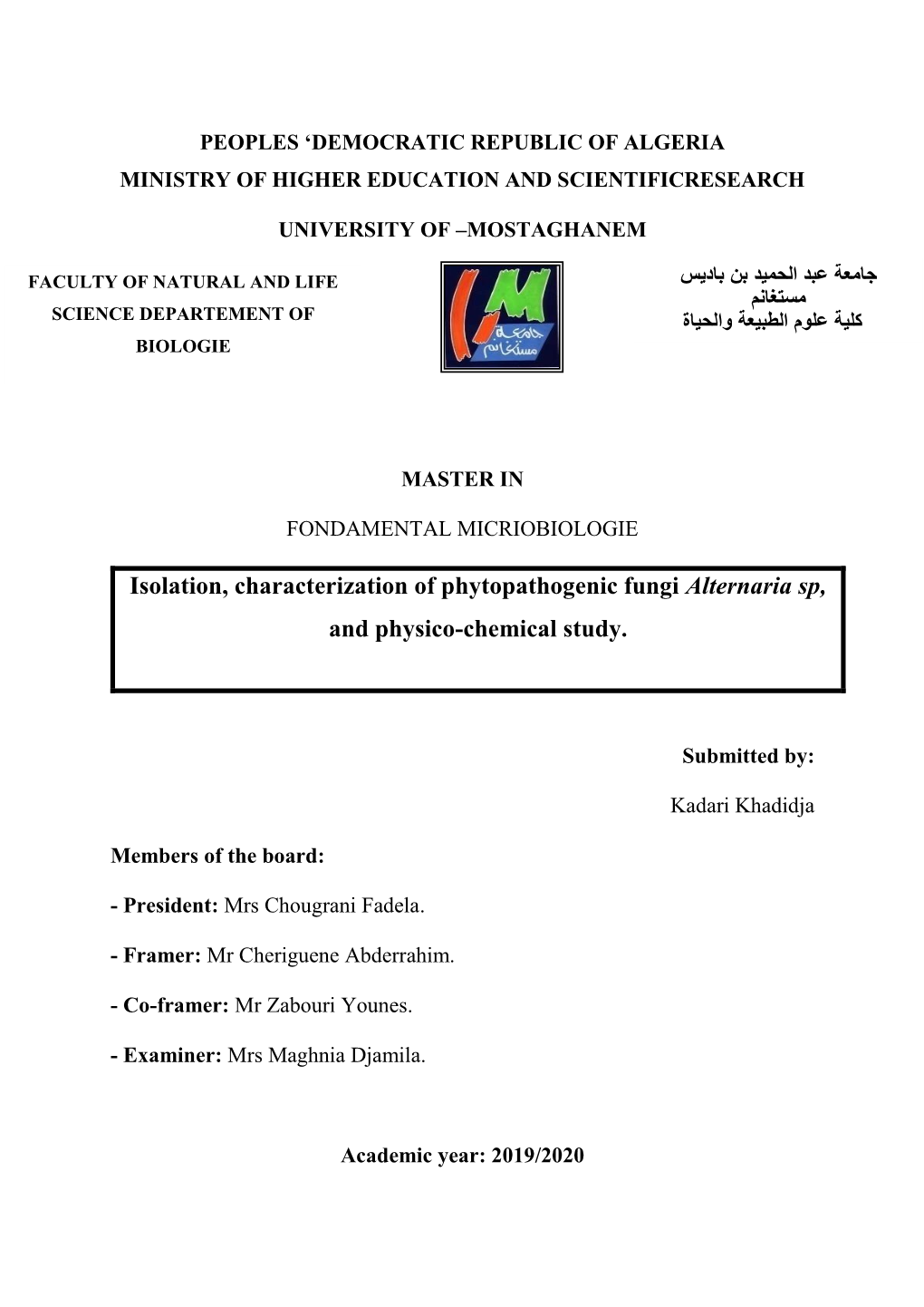 Isolation, Characterization of Phytopathogenic Fungi Alternaria Sp, and Physico-Chemical Study