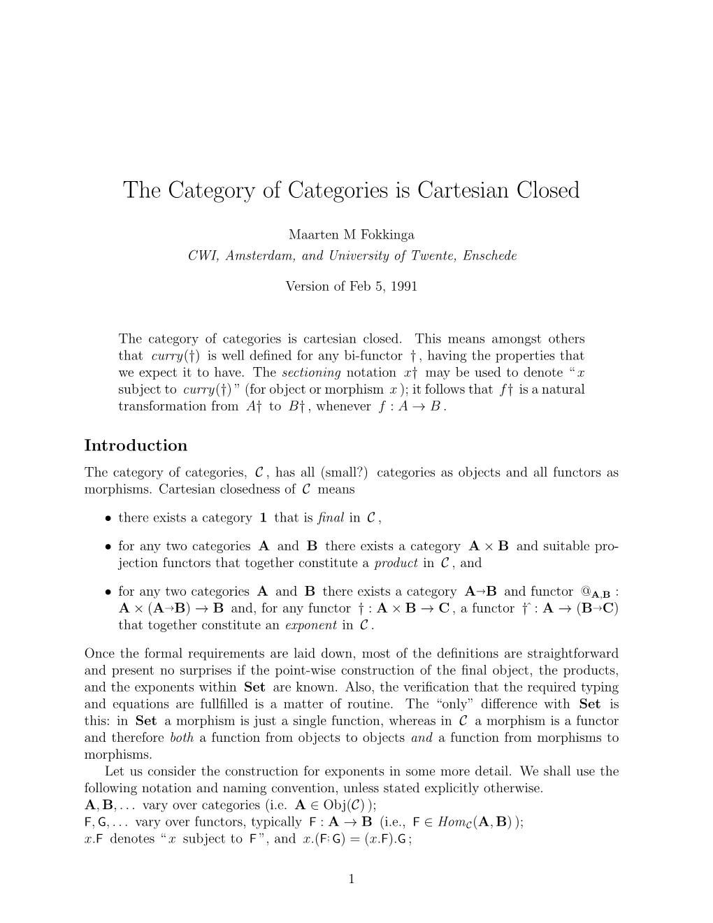 The Category of Categories Is Cartesian Closed