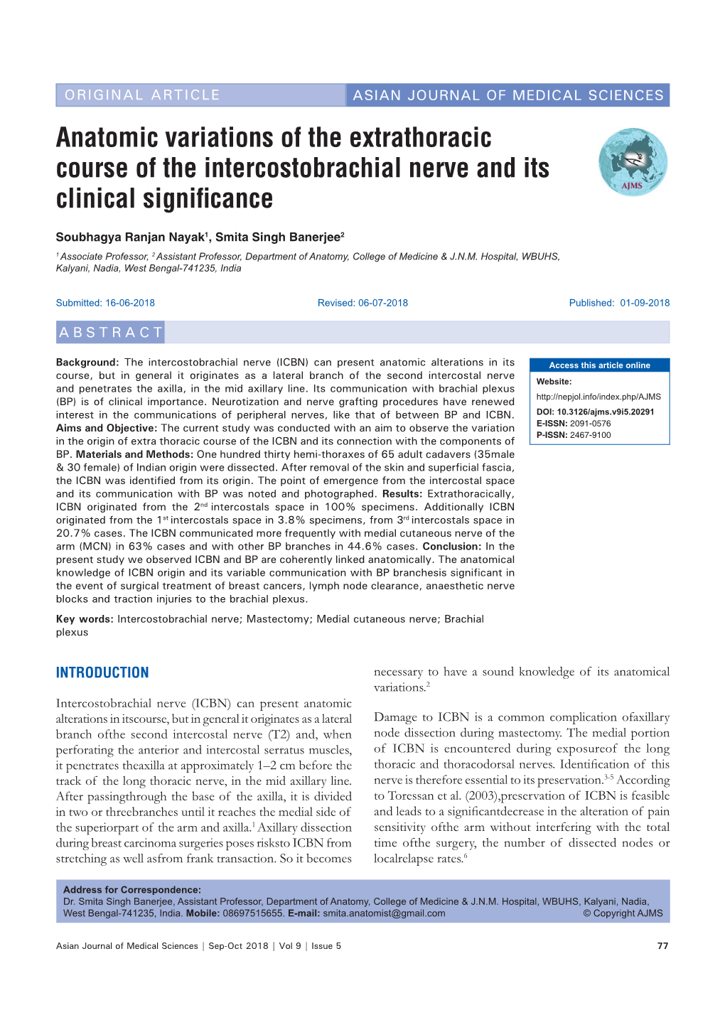 Anatomic Variations of the Extrathoracic Course of the Intercostobrachial Nerve and Its Clinical Significance