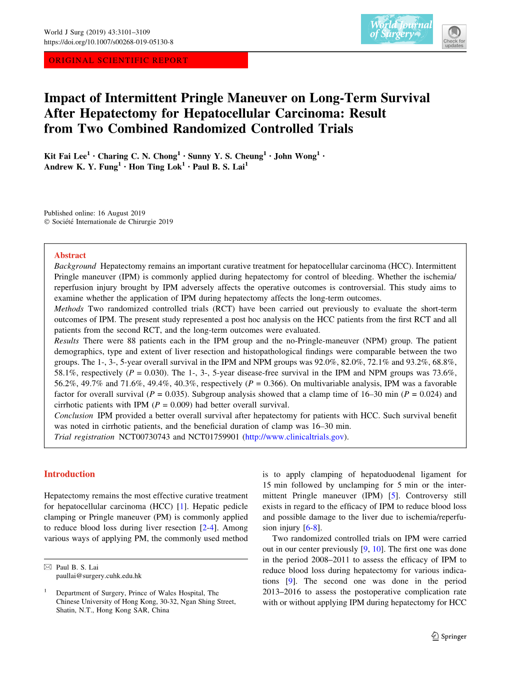 Impact of Intermittent Pringle Maneuver on Long-Term Survival After Hepatectomy for Hepatocellular Carcinoma: Result from Two Combined Randomized Controlled Trials