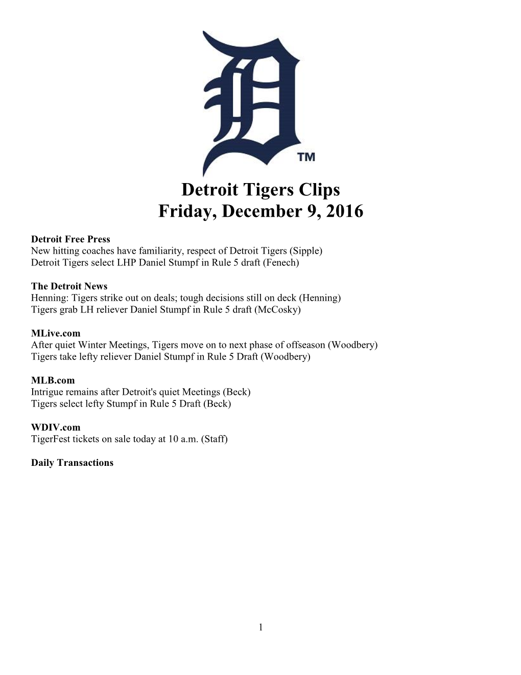 Detroit Tigers Clips Friday, December 9, 2016