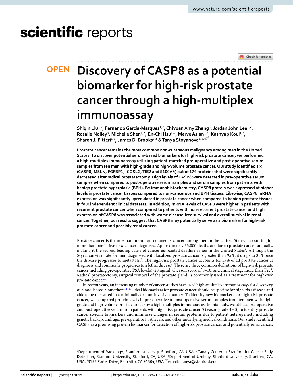 Discovery of CASP8 As a Potential Biomarker for High-Risk Prostate Cancer Through a High-Multiplex Immunoassay