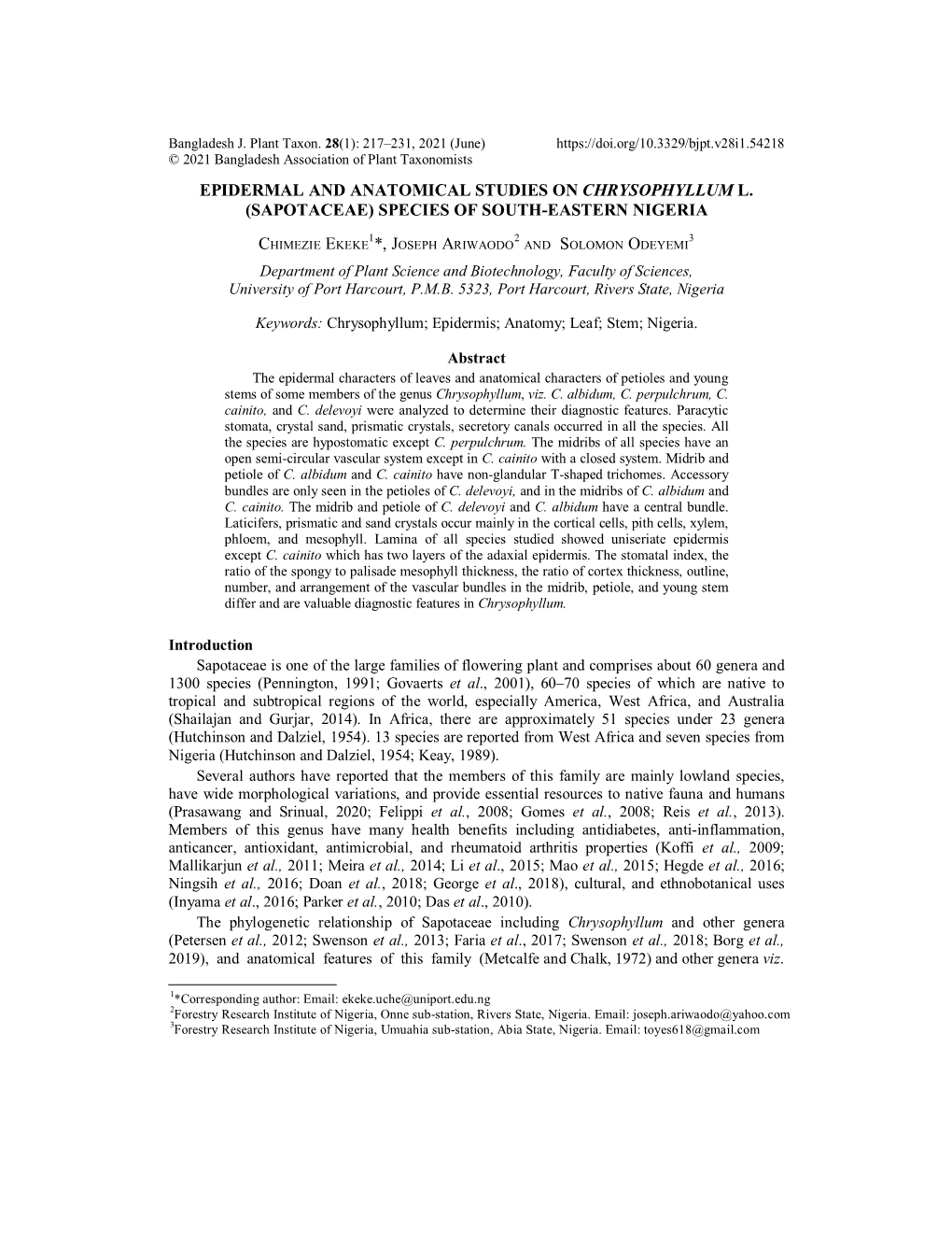 Epidermal and Anatomical Studies on Chrysophyllum L. (Sapotaceae) Species of South-Eastern Nigeria