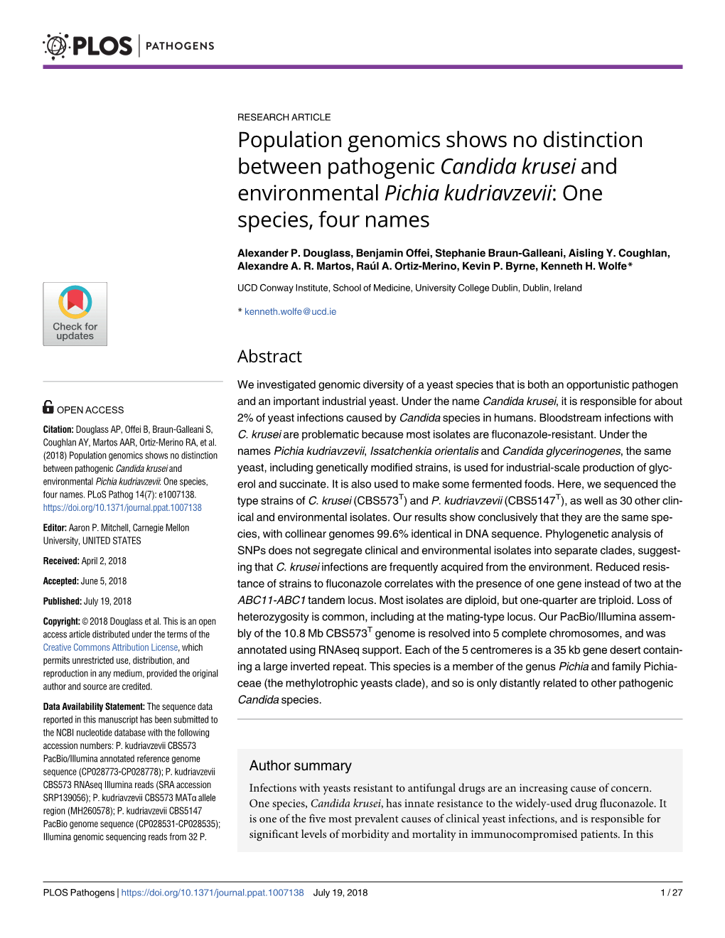 Population Genomics Shows No Distinction Between Pathogenic Candida Krusei and Environmental Pichia Kudriavzevii: One Species, Four Names