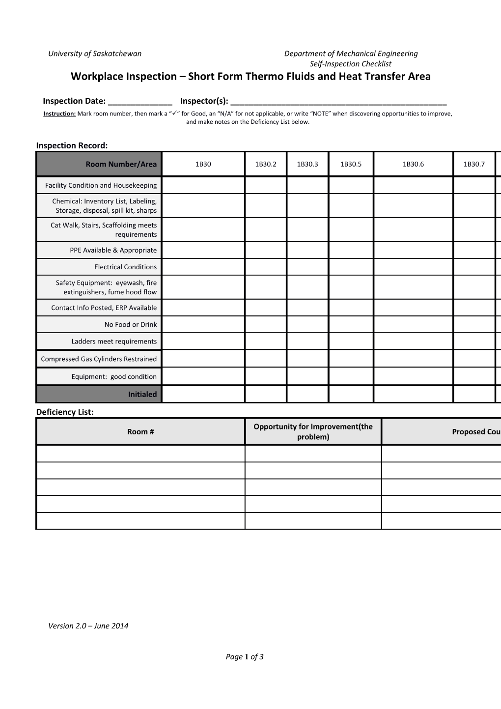 Workplace Inspection Short Form Thermo Fluids and Heat Transfer Area