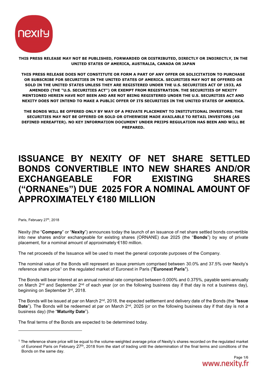 Issuance by Nexity of Net Share Settled Bonds