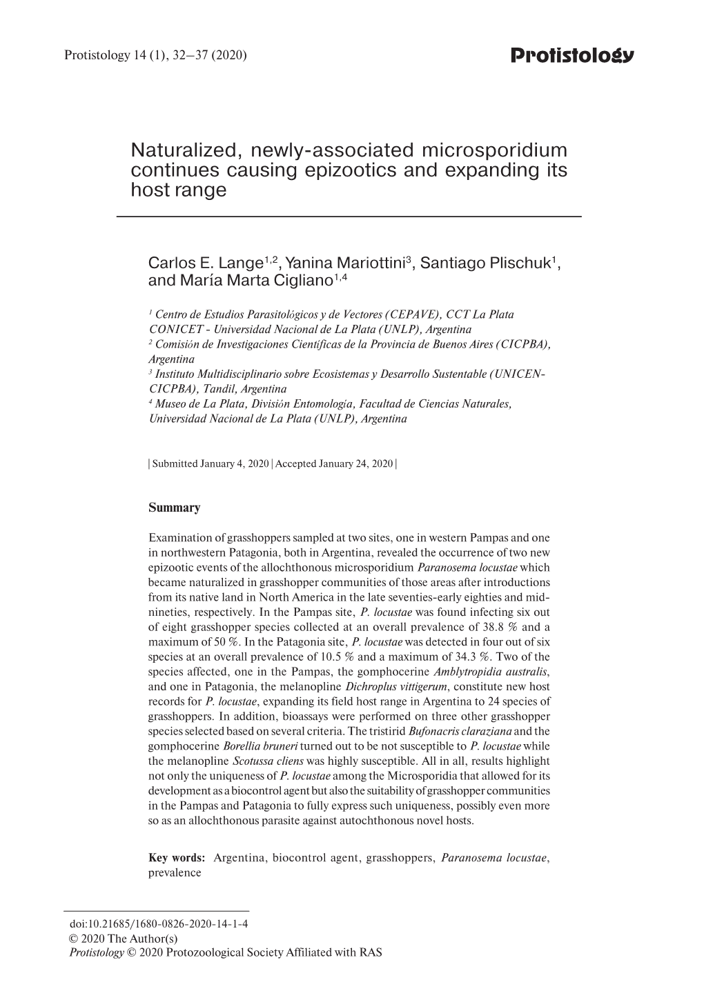 Loads Per Infected Grasshopper Host, and (Iv) Spores Maintain Viability at Freezing Temperatures for in the Pampas Site, P