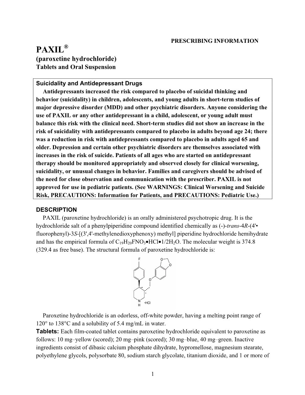 (Paroxetine Hydrochloride) Tablets and Oral Suspension