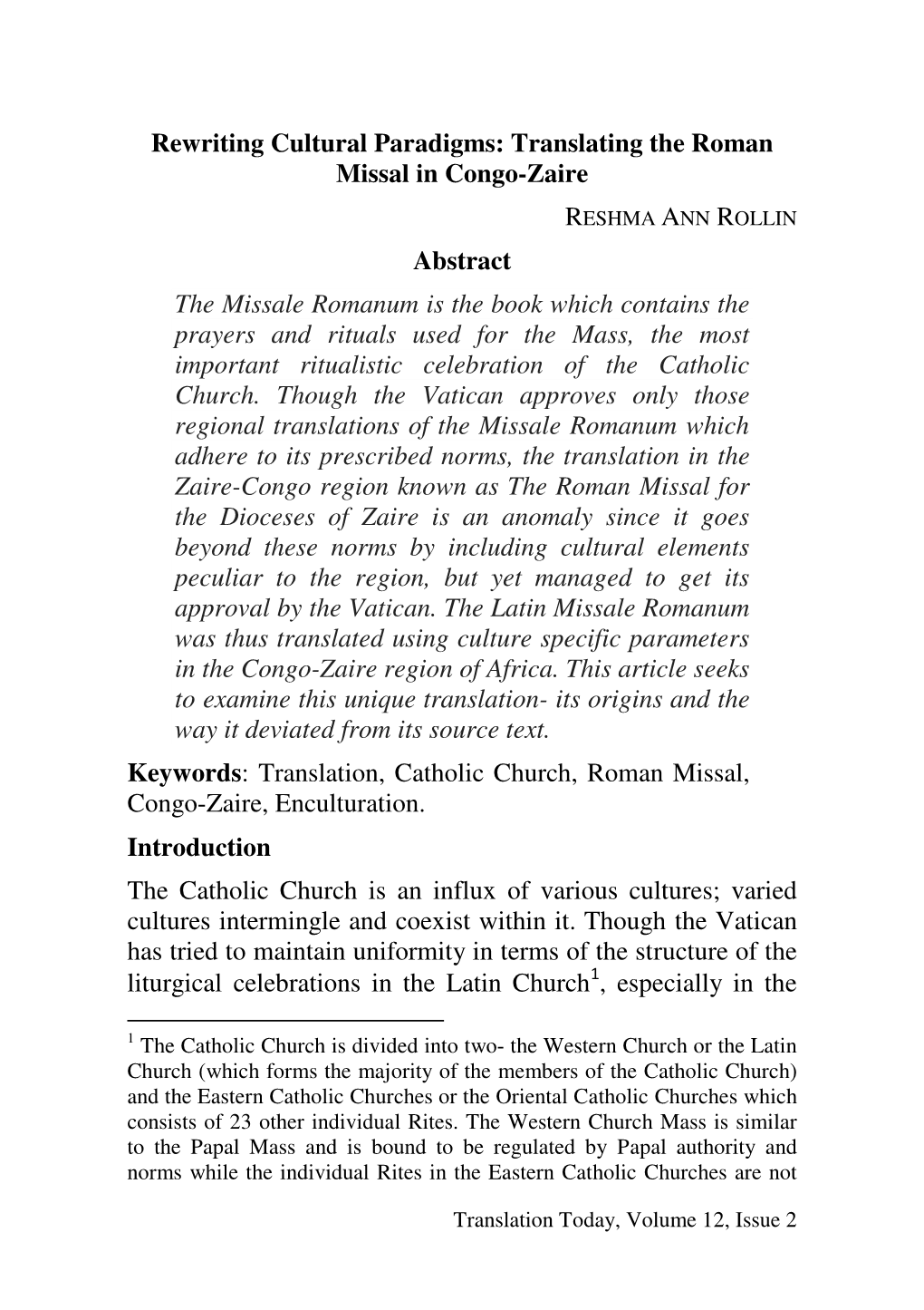 Rewriting Cultural Paradigms: Translating the Roman Missal In