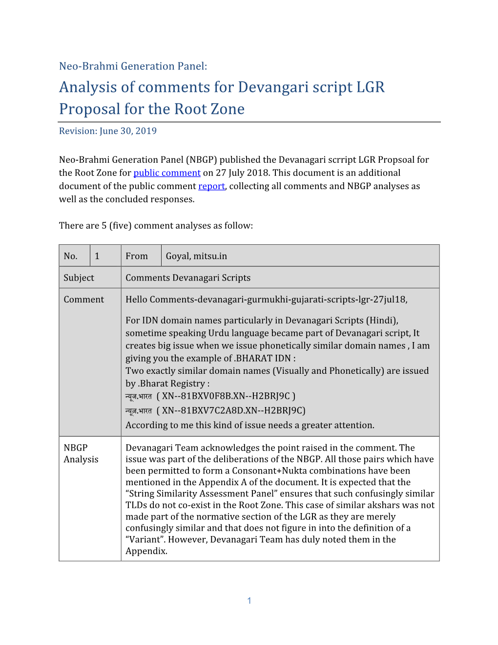 Analysis of Comments for Devangari Script LGR Proposal for the Root Zone Revision: June 30, 2019