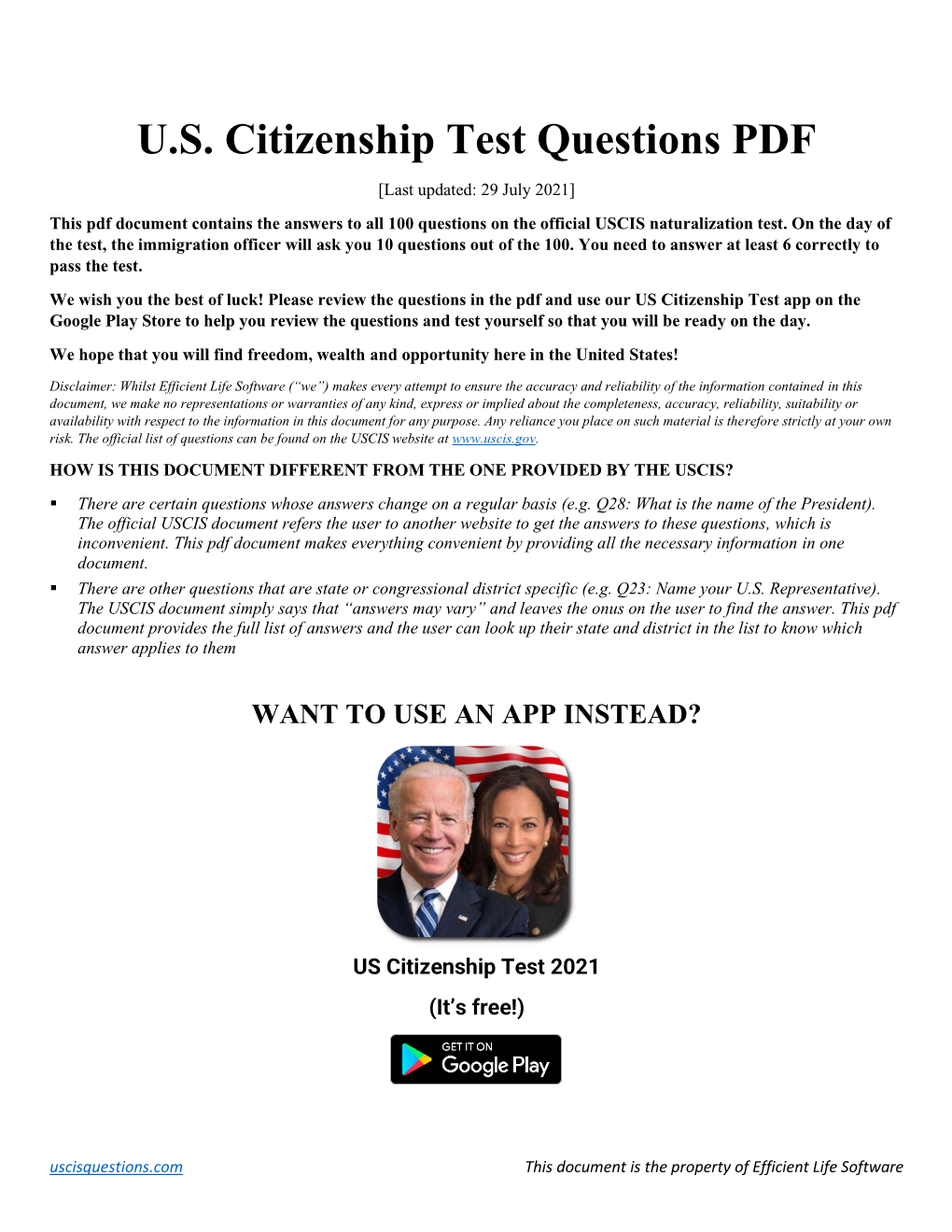 U.S. Citizenship Test Questions and Answers 2021
