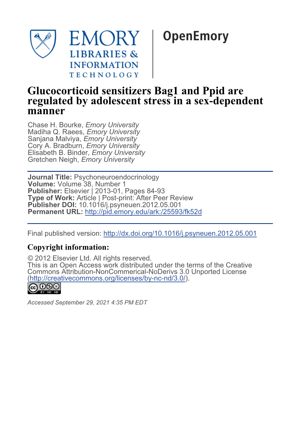 Glucocorticoid Sensitizers Bag1 and Ppid Are Regulated by Adolescent Stress in a Sex-Dependent Manner Chase H