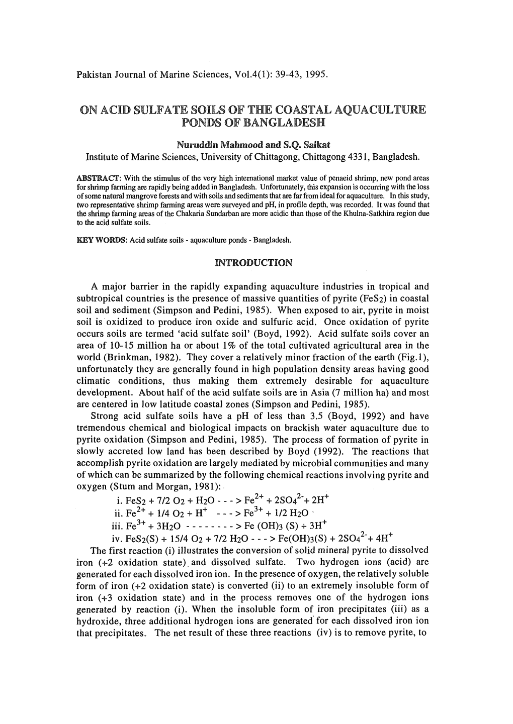 On Acid Sulfate Soils of the Coastal Aquaculture Ponds of Bangladesh