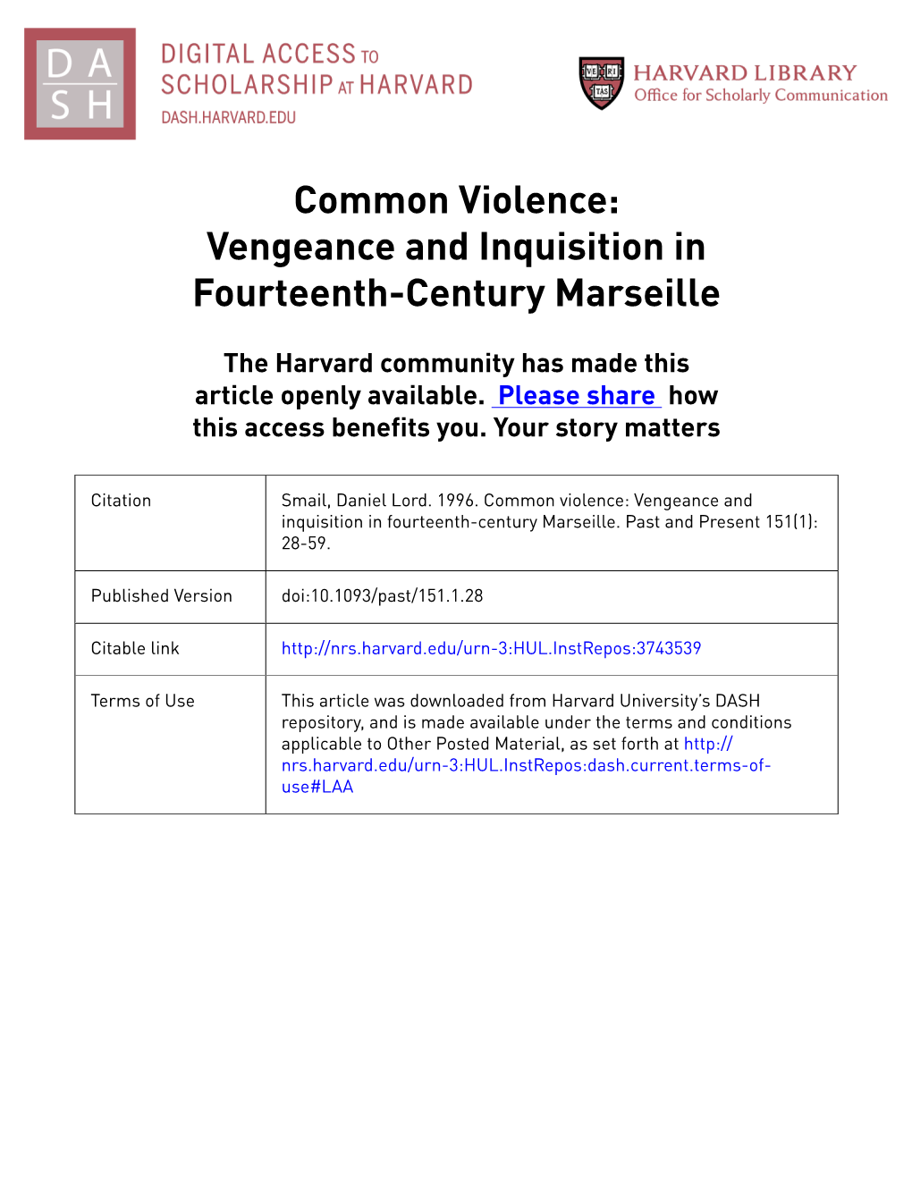 Common Violence: Vengeance and Inquisition in Fourteenth-Century Marseille