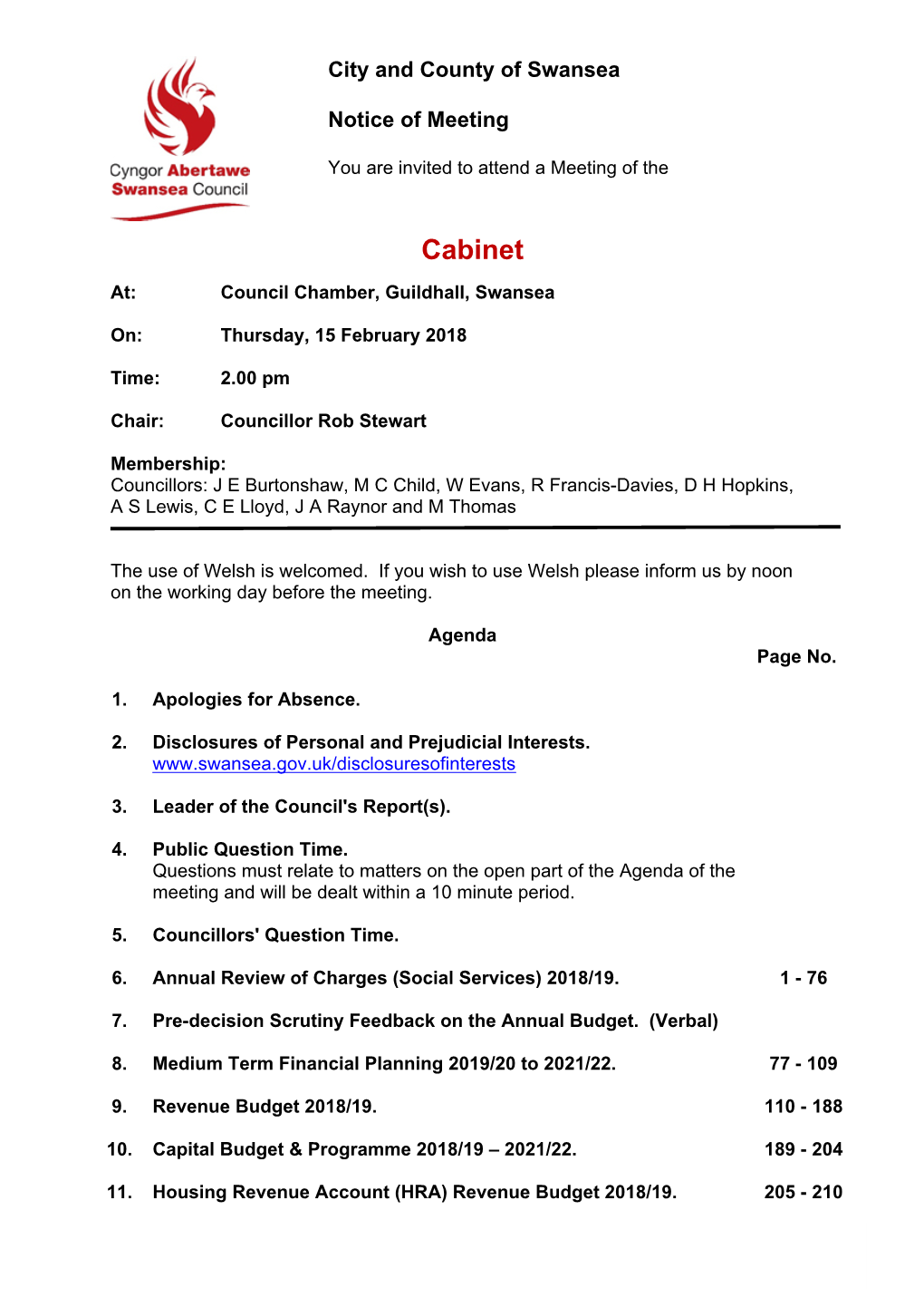 (Public Pack)Agenda Document for Cabinet, 15/02/2018 14:00