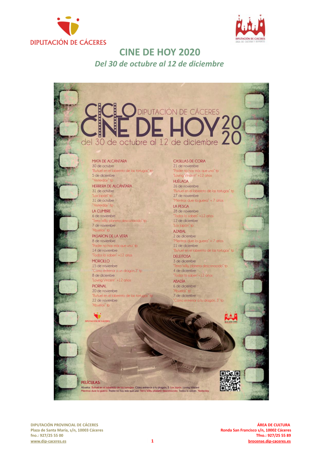 CINE DE HOY 2020 Del 30 De Octubre Al 12 De Diciembre