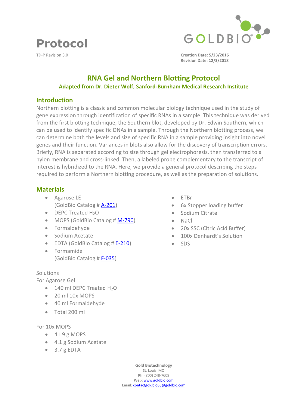 RNA Gel and Northern Blotting Protocol Adapted from Dr