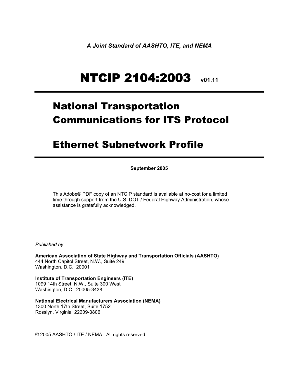 NTCIP 2104:2003, Ethernet Subnetwork Profile Published