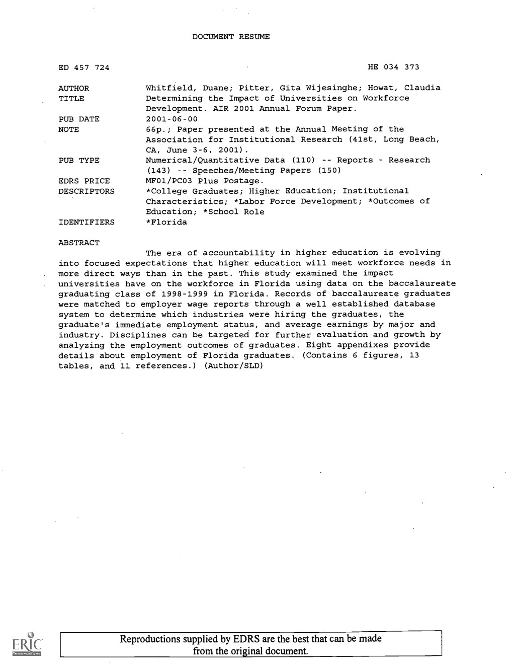 Determining the Impact of Universities on Workforce Development. AIR 2001 Annual Forum Paper