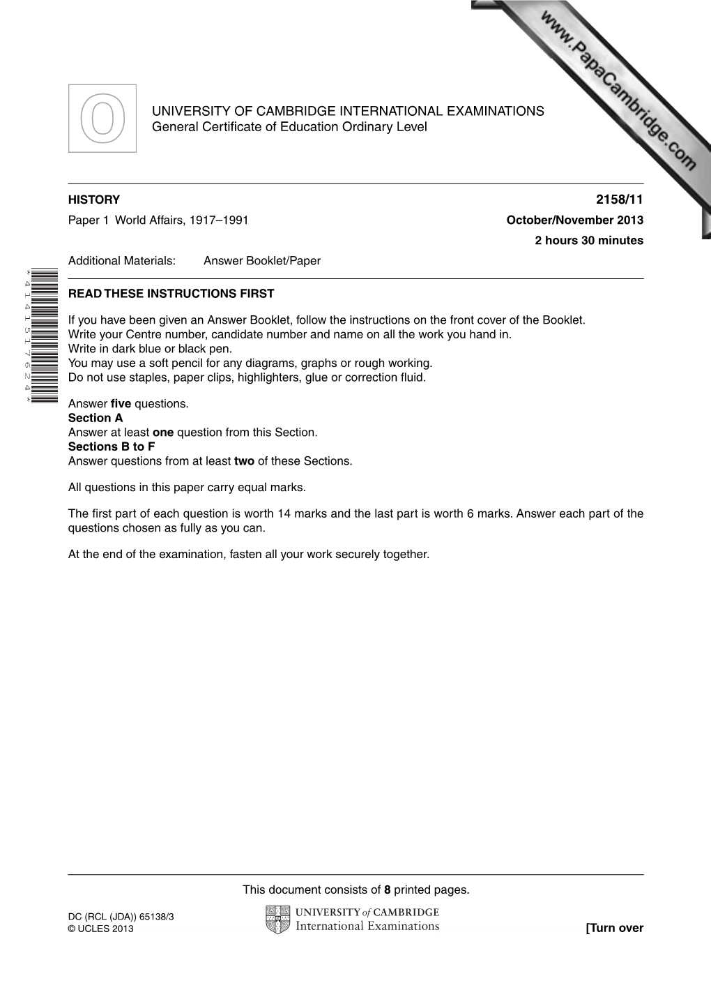 UNIVERSITY of CAMBRIDGE INTERNATIONAL EXAMINATIONS General Certificate of Education Ordinary Level