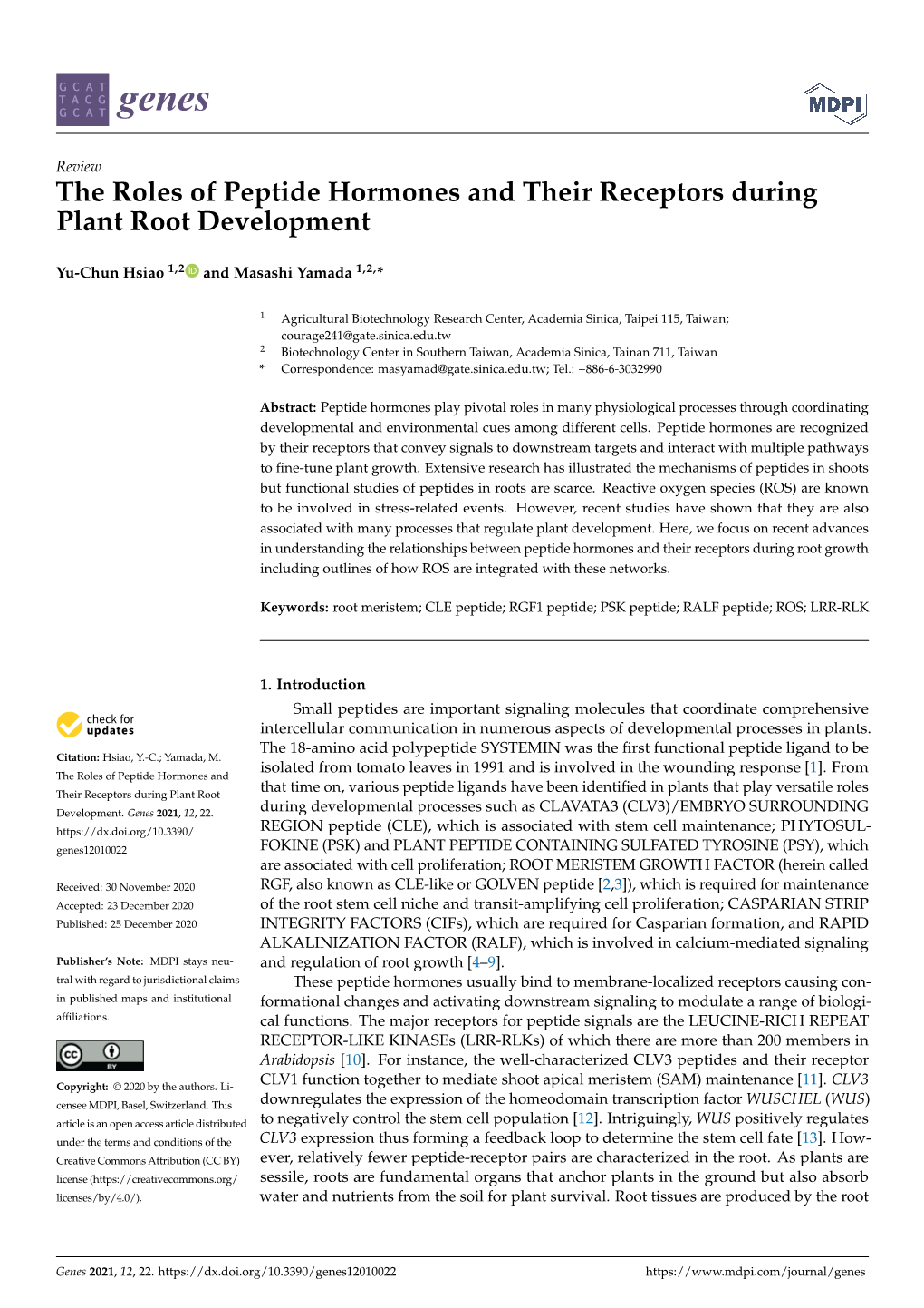 The Roles of Peptide Hormones and Their Receptors During Plant Root Development