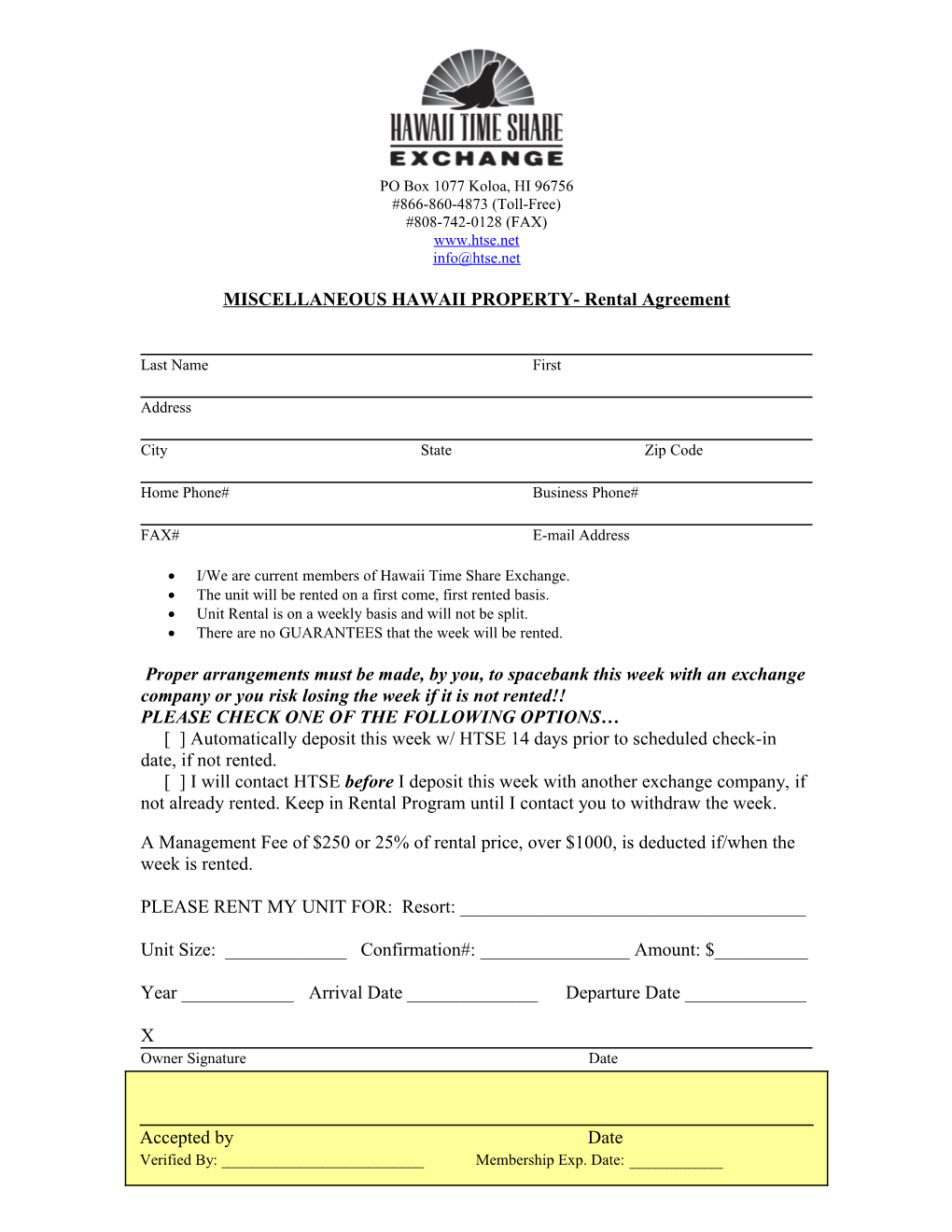 MISCELLANEOUS HAWAII PROPERTY- Rental Agreement