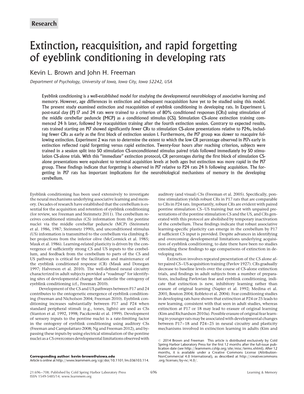 Extinction, Reacquisition, and Rapid Forgetting of Eyeblink Conditioning in Developing Rats