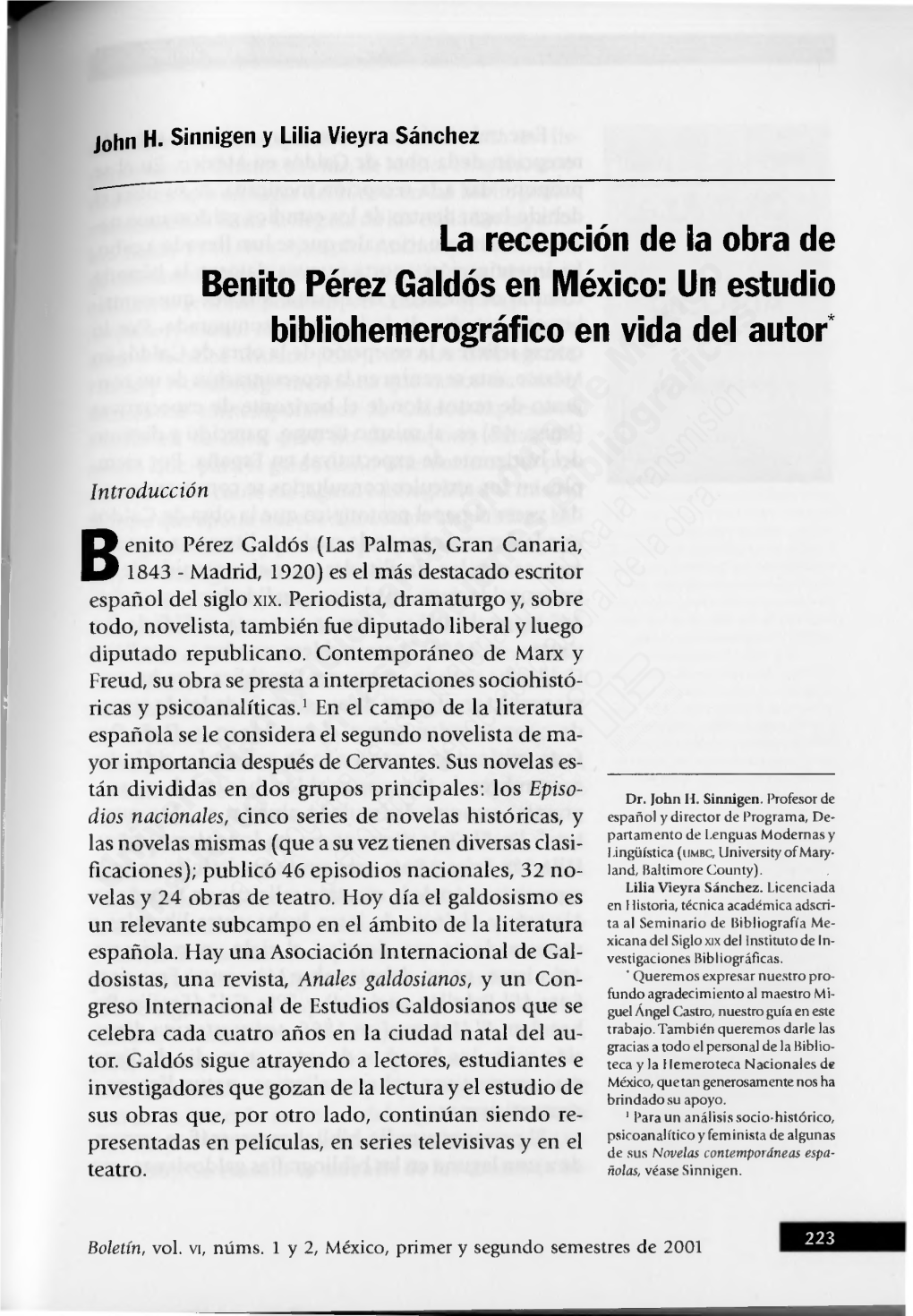 La Recepción De La Obra De Benito Pérez Galdós En México: Un Estudio Bibliohemerográfico En Vida Del Autor*