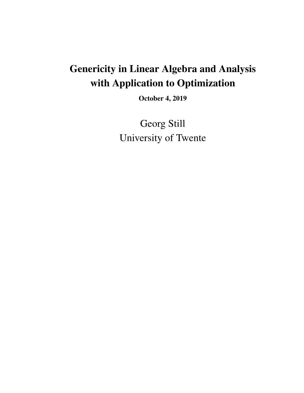 Genericity in Linear Algebra and Analysis with Application to Optimization October 4, 2019