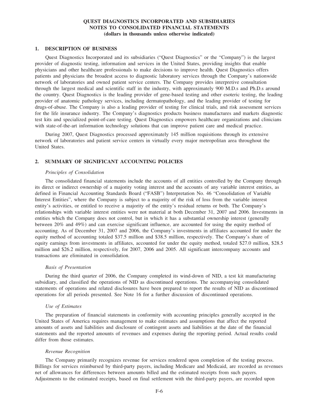 QUEST DIAGNOSTICS INCORPORATED and SUBSIDIARIES NOTES to CONSOLIDATED FINANCIAL STATEMENTS (Dollars in Thousands Unless Otherwise Indicated)