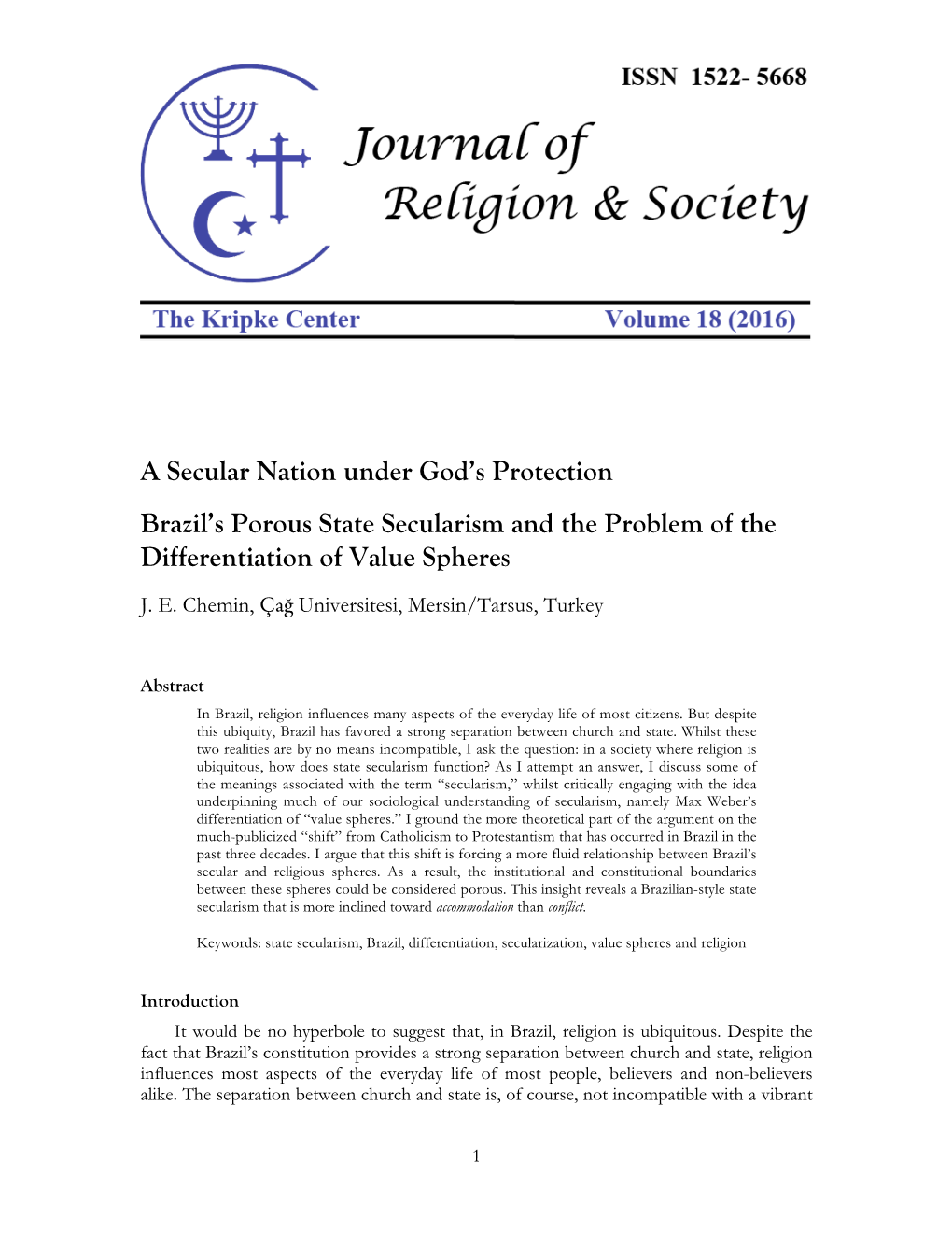 A Secular Nation Under God's Protection Brazil's Porous State Secularism and the Problem of the Differentiation of Value