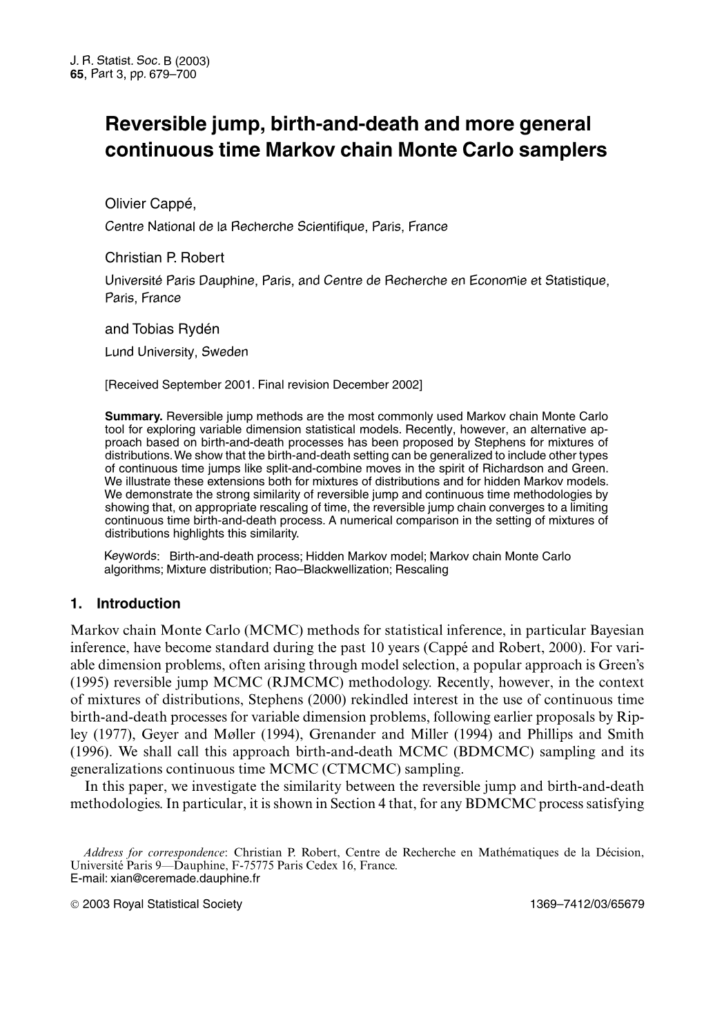 Reversible Jump, Birth-And-Death and More General Continuous Time Markov Chain Monte Carlo Samplers