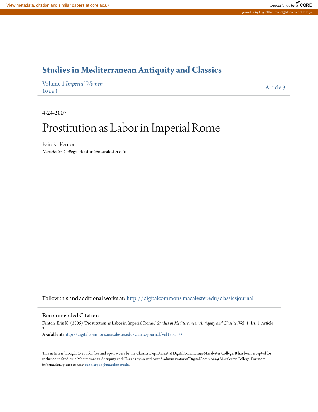 Prostitution As Labor in Imperial Rome Erin K
