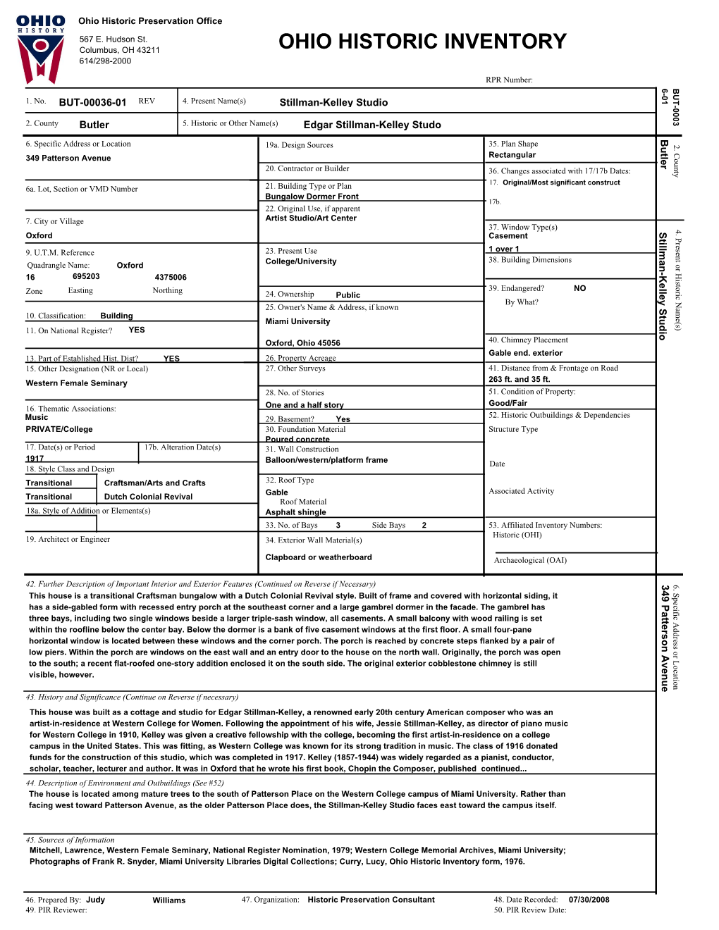 Iform Ohio Historic Inventory Form