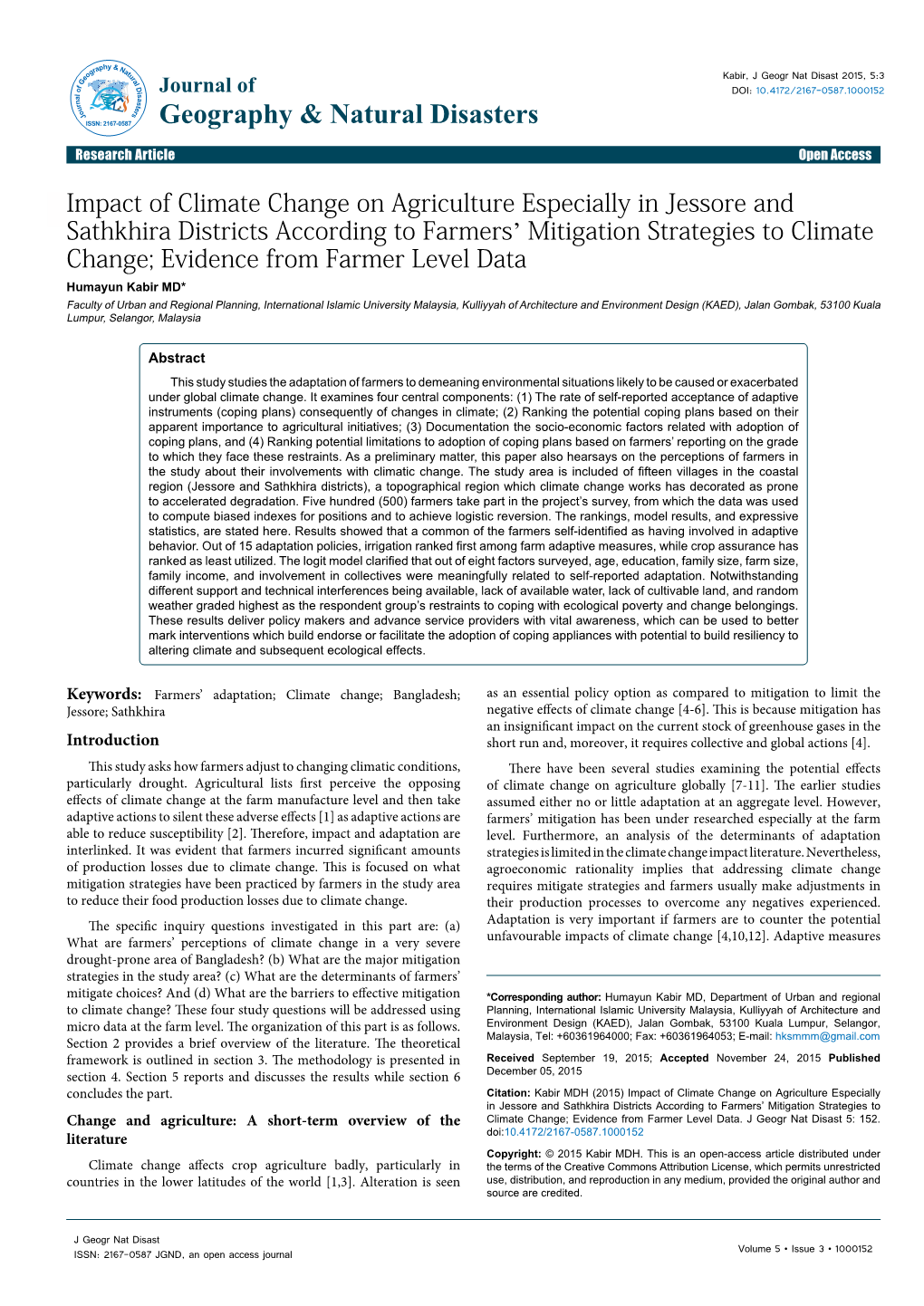 Impact of Climate Change on Agriculture Especially in Jessore
