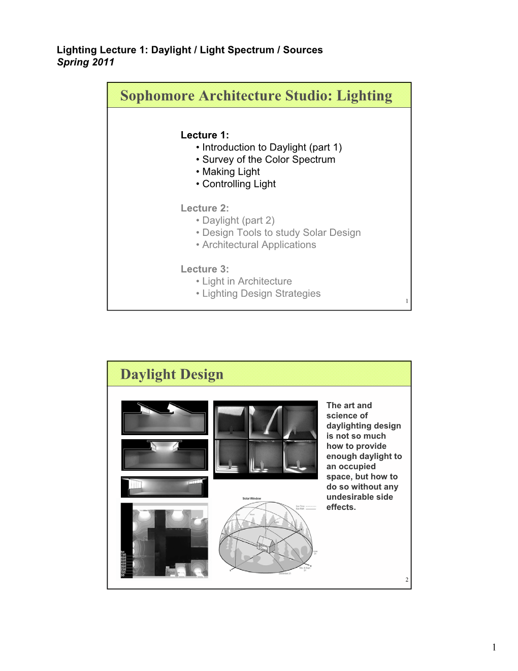 Lecture 1: Daylight, Color, Light Sources