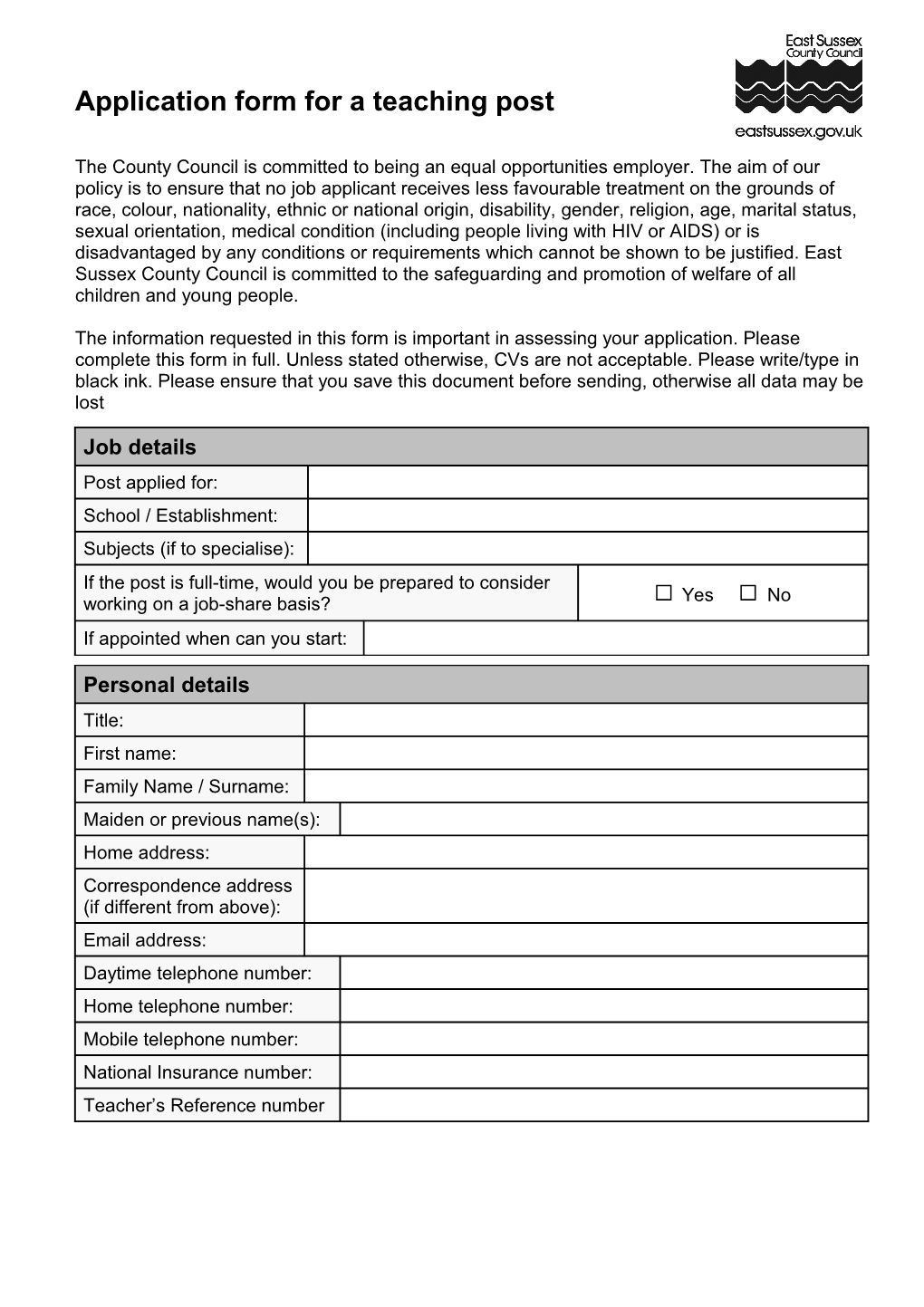 Application Form for a Teaching Post