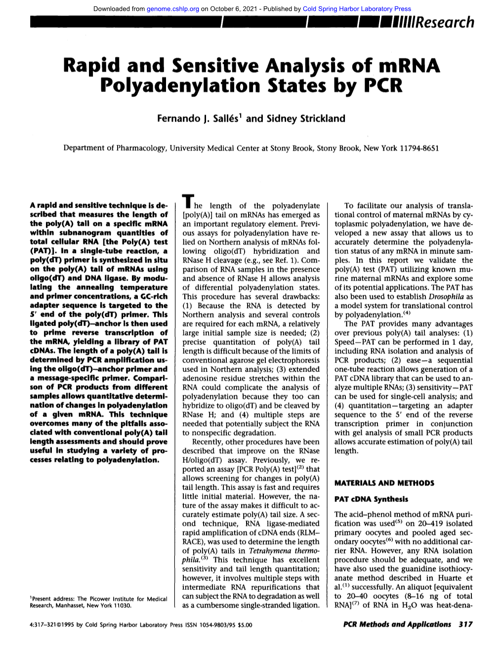 Rapid and Sensitive Analysis of Mrna Polyadenylation States by PCR