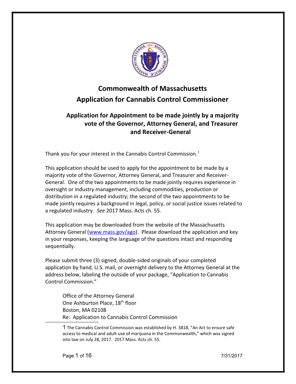 Application for Cannabis Control Commissioner