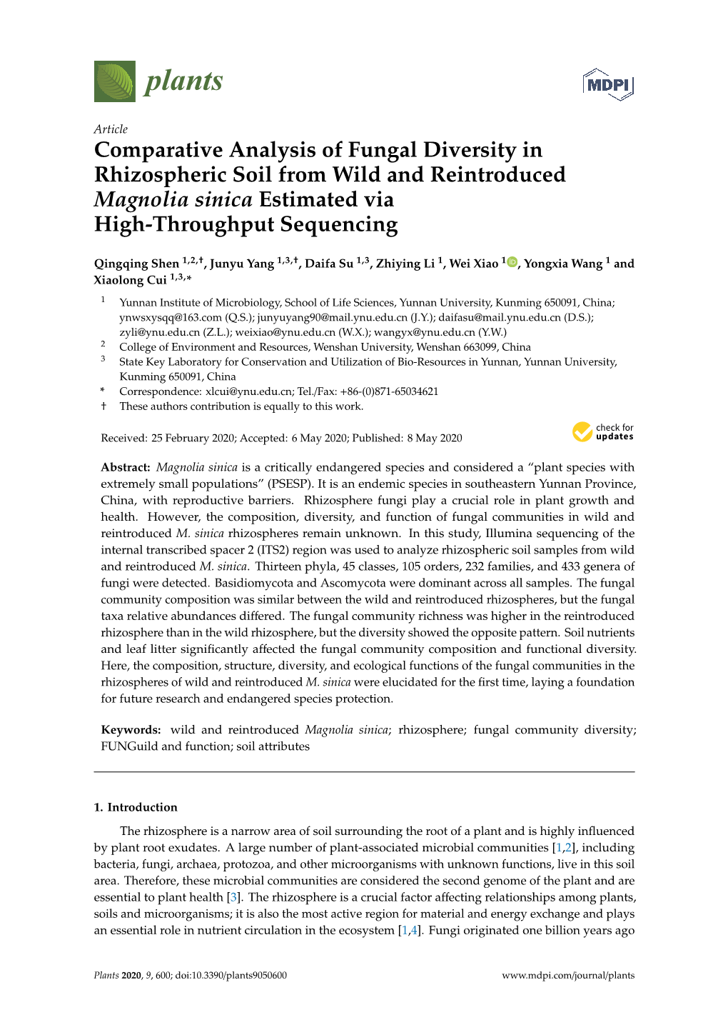Comparative Analysis of Fungal Diversity in Rhizospheric Soil from Wild and Reintroduced Magnolia Sinica Estimated Via High-Throughput Sequencing