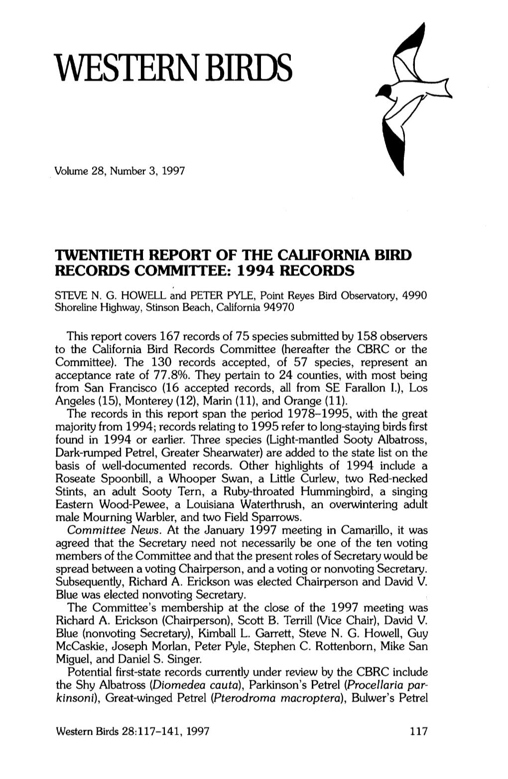 Twentieth Report of the California Bird Records Committee: 1994 Records Steven