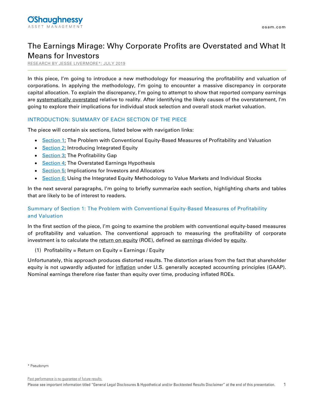 The Earnings Mirage: Why Corporate Profits Are Overstated and What It Means for Investors RESEARCH by JESSE LIVERMORE*: JULY 2019