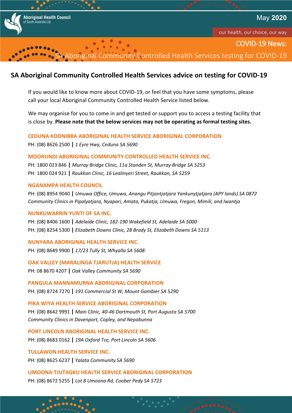 SA Aboriginal Community Controlled Health Services Testing for COVID-19