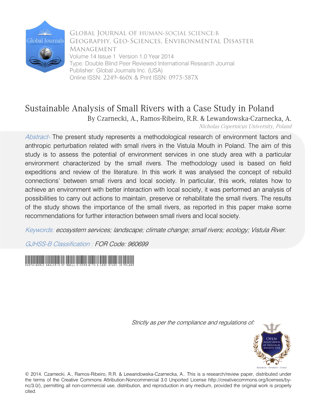 Sustainable Analysis of Small Rivers with a Case Study in Poland by Czarnecki, A., Ramos-Ribeiro, R.R