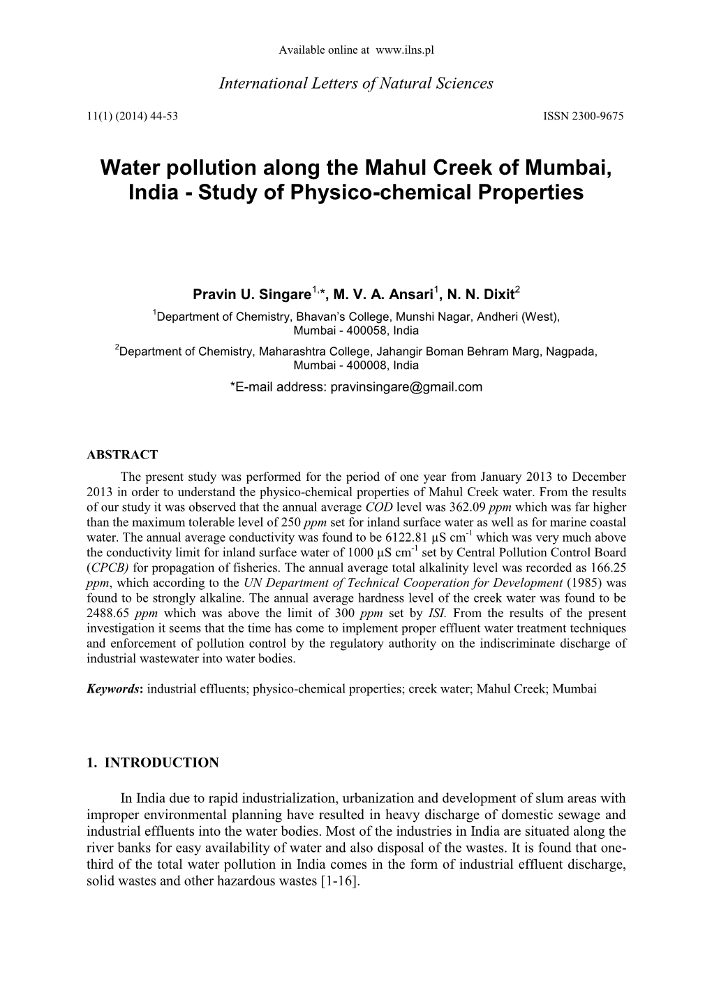 Water Pollution Along the Mahul Creek of Mumbai, India - Study of Physico-Chemical Properties