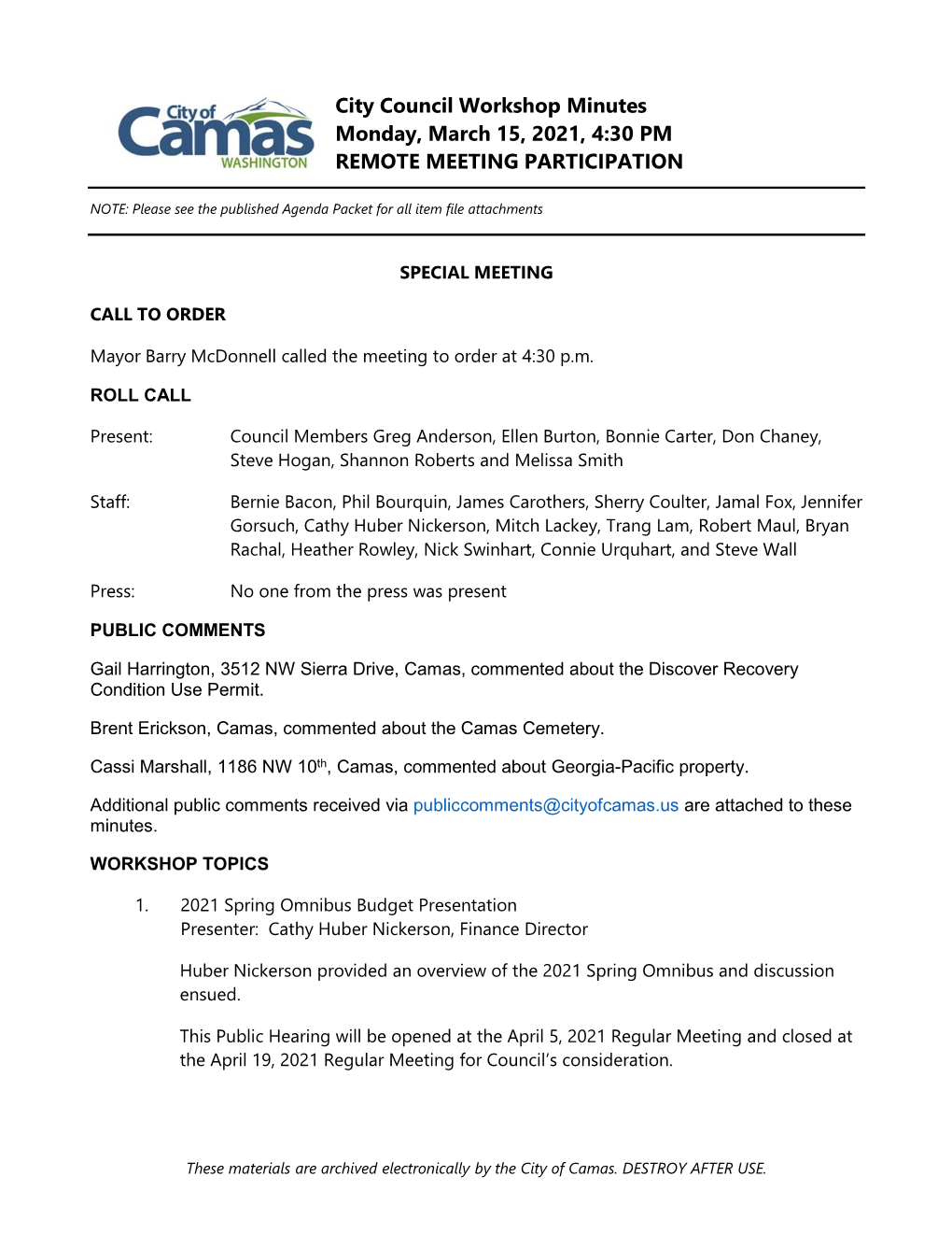 City Council Workshop Minutes Monday, March 15, 2021, 4:30 PM REMOTE MEETING PARTICIPATION