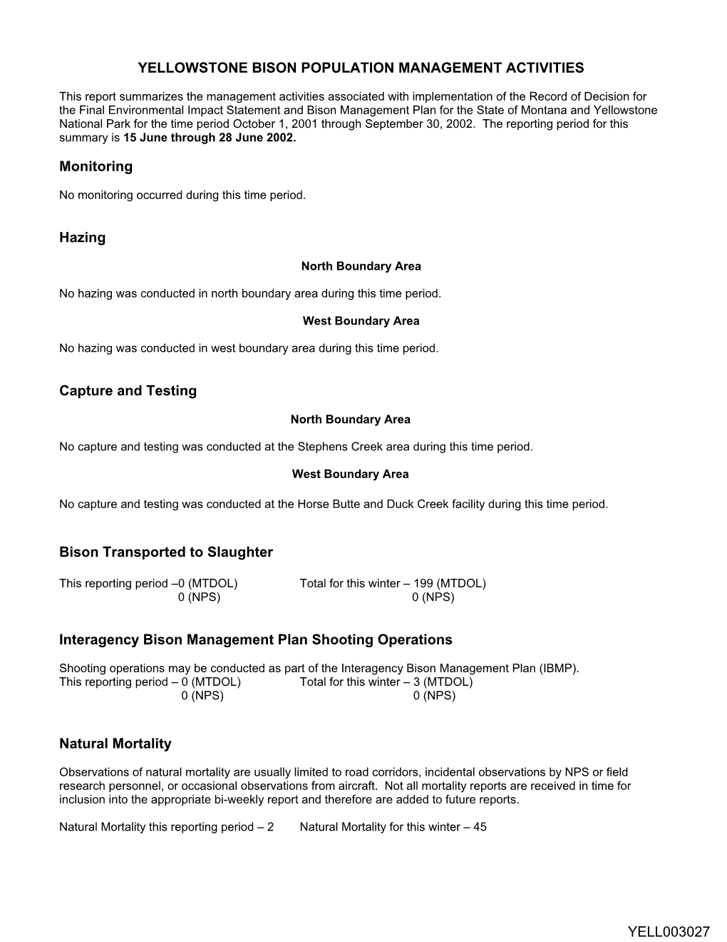 Yellowstone Bison Population Management Activities