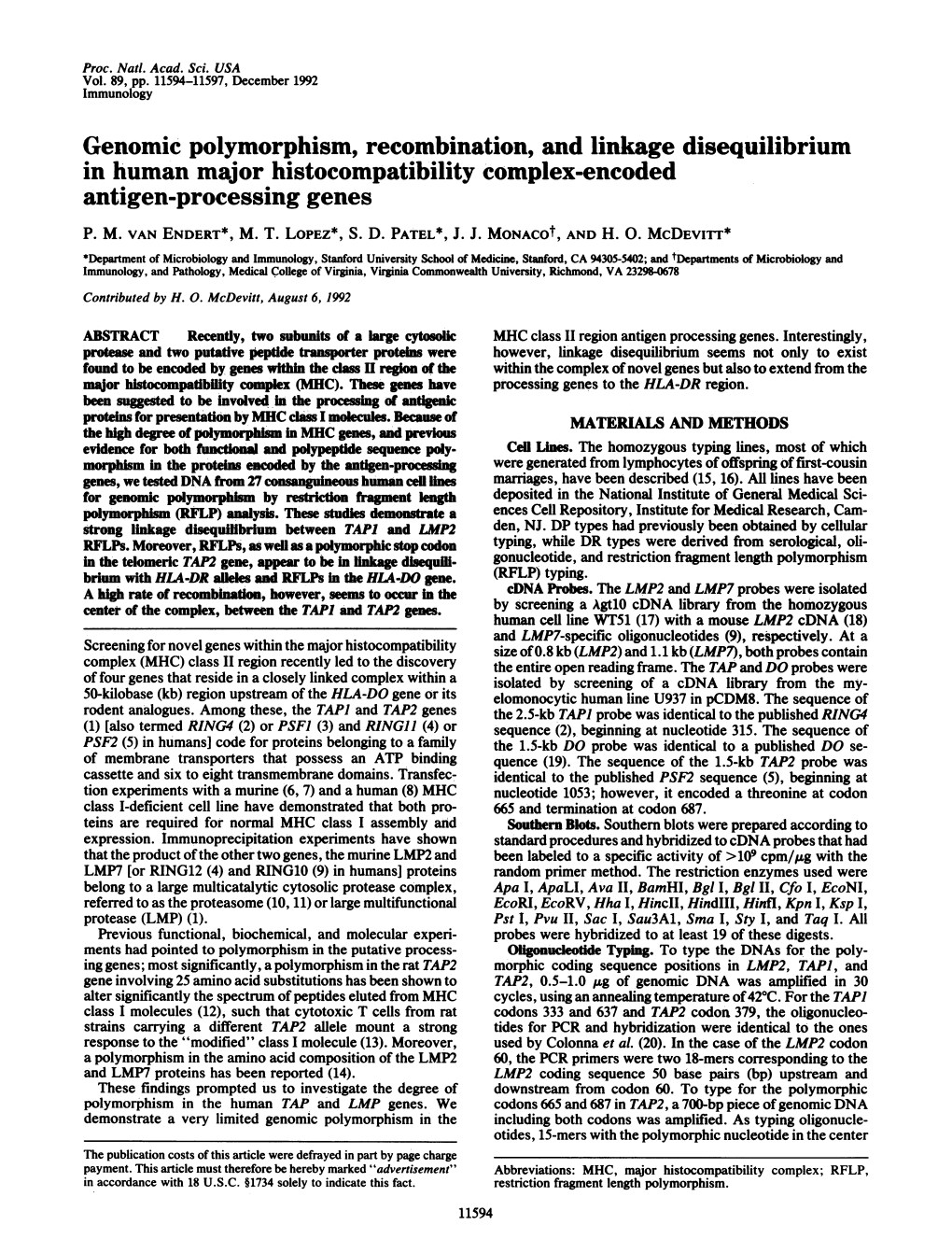 Genomic Polymorphism, Recombination, and Linkage Disequilibrium in Human Major Histocompatibility Complex-Encoded Antigen-Processing Genes P