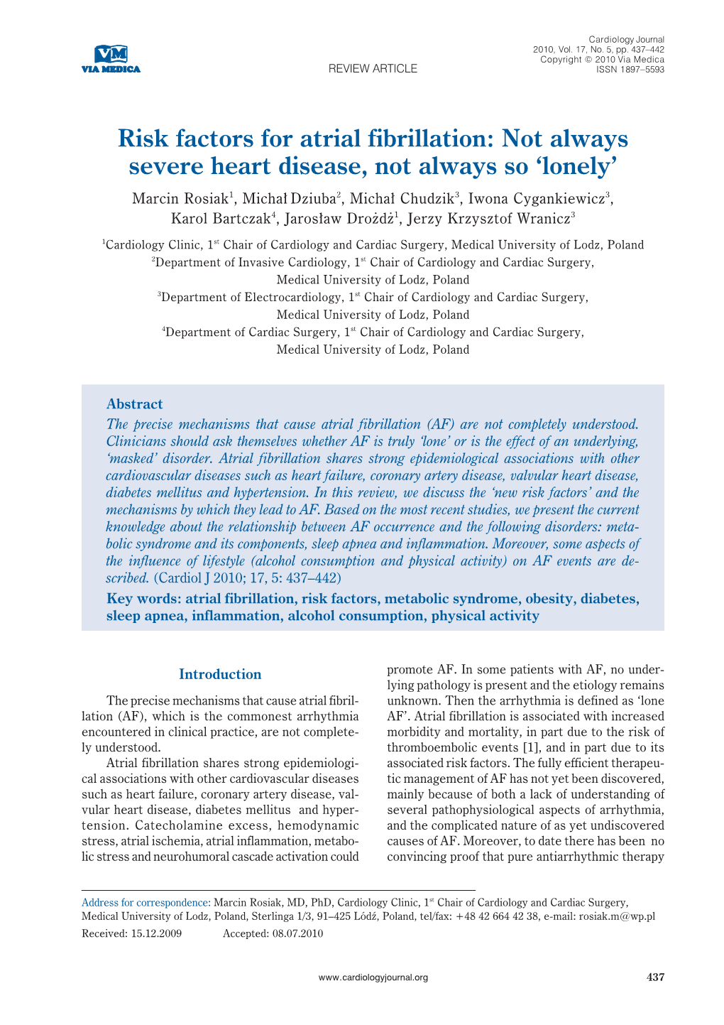 Risk Factors for Atrial Fibrillation: Not Always Severe Heart Disease, Not Always So ‘Lonely’